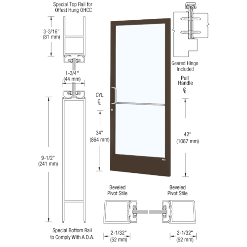 Bronze Black Anodized 250 Series Narrow Stile (RHR) HRSO Single 3'0 x 7'0 Offset Hung with Geared Hinged for OHCC 105 degree Closer Complete ADA Door(s) with Lock Indicator, Cyl Guard