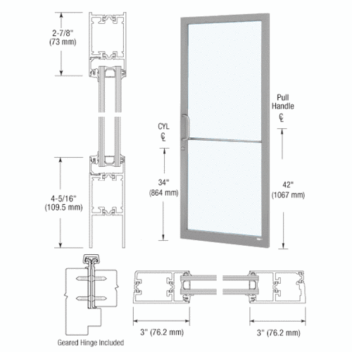 CRL-U.S. Aluminum 1D21811 Clear Anodized Class 1 Custom Single Series 250T Narrow Stile Geared Hinge Thermal Entrance Door for Surface Mount Door Closer