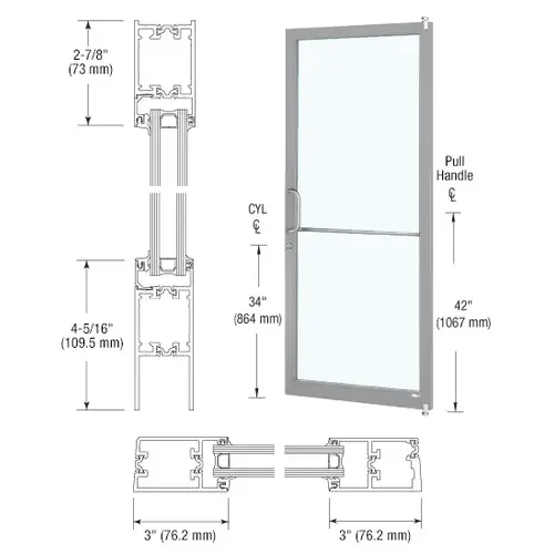 CRL-U.S. Aluminum 1D21211 Clear Anodized Class 1 Custom Single Series 250T Narrow Stile Offset Pivot Thermal Entrance Door for Surface Mount Door Closer