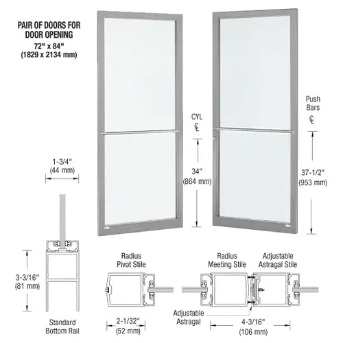 CRL-U.S. Aluminum DC22711 Clear Anodized Custom Pair Series 250 Narrow Stile Center Pivot Entrance Doors for Overhead Concealed Door Closers