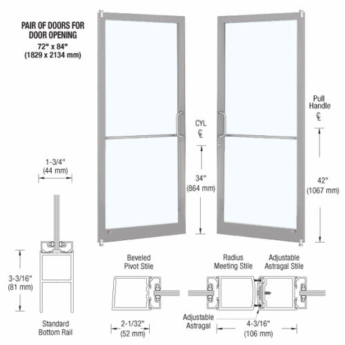 Mill Custom Pair Series 250 Narrow Stile Offset Pivot Entrance Doors for Surface Mount Door Closers