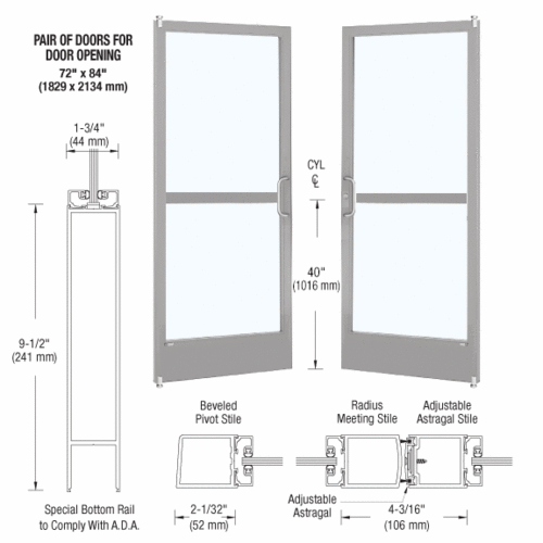 Class I Clear Anodized Custom Pair Series 250 Narrow Stile Offset Pivot Entrance Doors With Panics for Surface Mount Door Closers