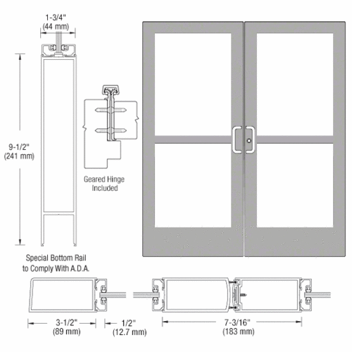 Class I Clear Anodized Custom Pair Series 400 Medium Stile Geared Hinge Entrance Doors for Surface Mount Door Closers