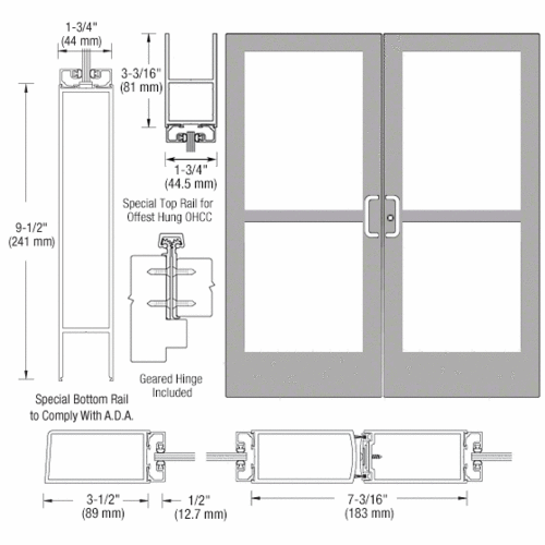 Class I Clear Anodized Custom Pair Series 400 Medium Stile Geared Hinge Entrance Doors With Panics for Overhead Concealed Door Closers
