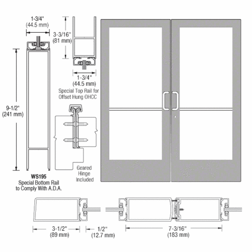 Class I Clear Anodized Custom Pair Series 400 Medium Stile Offset Hung Geared Hinge Entrance Doors for Overhead Concealed Door Closers