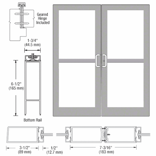 Clear Anodized Custom Pair Series 400 Medium Stile Offset Hung Geared Hinge Entrance Doors for Panics and Surface Mount Door Closers