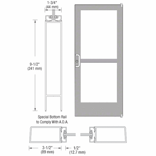 CRL-U.S. Aluminum CZ41211L036 Clear Anodized 400 Series Medium Stile Right Hand Reverse HRSO Single 3'0 x 7'0 Offset Hung with Pivots for Surface Mount Closer Complete Panic Door with Standard Panic and 9-1/2" Bottom Rail