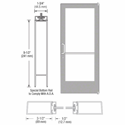 Clear Anodized 400 Series Medium Stile (RHR) HRSO Single 3'0 x 7'0 Offset Hung with Pivots for Surf Mount Closer Complete Door Std. Lock and 9-1/2" Bottom Rail