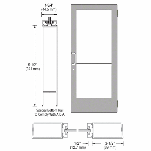 Clear Anodized 400 Series Medium Stile (RHR) HRSO Single 3'0 x 7'0 Offset Hung with Butt Hinges for Surf Mount Closer Complete Door for 1" Glass with Standard MS Lock and Bottom Rail