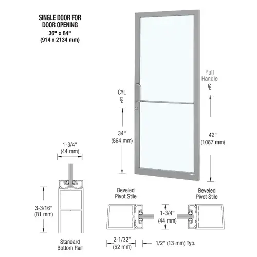 CRL-U.S. Aluminum DC21811 Clear Anodized Custom Single Series 250 Narrow Stile Geared Hinge Entrance Door for Surface Mount Door Closer