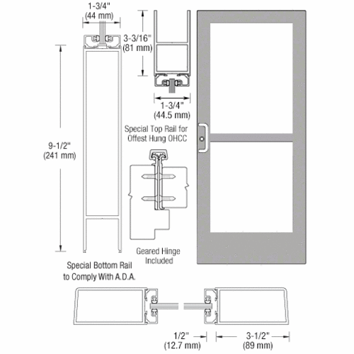CRL-U.S. Aluminum CZ41911L036105 Clear Anodized Single 36" x 84" Series 400 Medium Stile Left Side Latch Geared Hinge Entrance Door With Panic for 105 Degree Overhead Concealed Door Closer