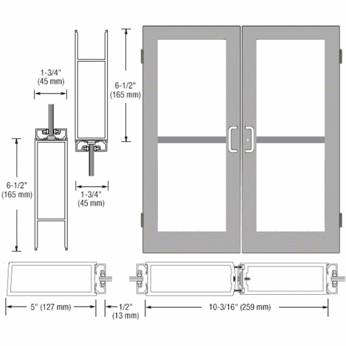 Class I Clear Anodized Custom Size Pair Series 550 Wide Stile Butt Hinge Entrance Door For Panics and Overhead Concealed Door Closers