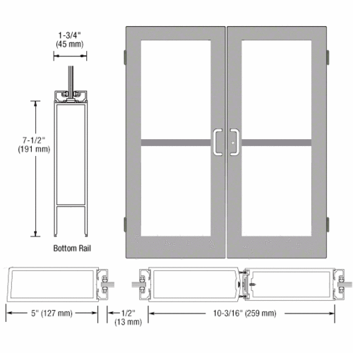 Class I Clear Anodized Custom Size Pair Series 550 Wide Stile Butt Hinge Entrance Door With Panics for Surface Mount Door Closers