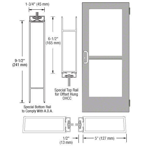 Class I Clear Anodized Custom Size Single Series 550 Wide Stile Butt Hinge Entrance Door With Panic for Overhead Concealed Door Closer