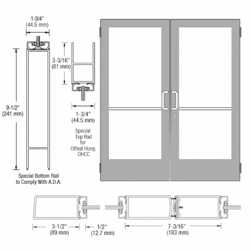Class I Clear Anodized 400 Series Medium Stile Pair 6'0 x 7'0 Offset Hung with Butt Hinges for OHCC Closer Complete ADA Door(s) with Lock Indicator, Cyl Guard