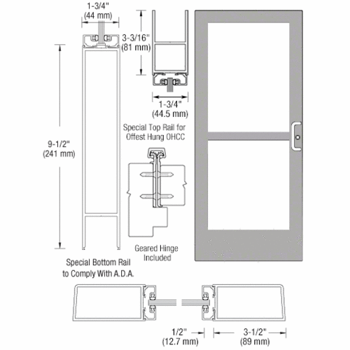 Class I Clear Anodized Single 36" x 84" Series 400 Medium Stile Right Side Latch Geared Hinge Entrance Door With Panic for 105 Degree Overhead Concealed Door Closer