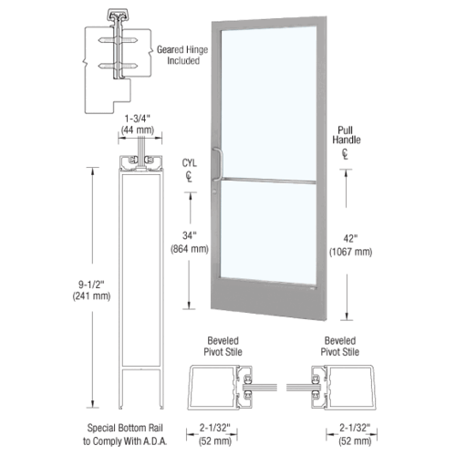 CRL-U.S. Aluminum CD21811 Clear Anodized Custom Single Series 250 Narrow Stile Geared Hinge Entrance Door for Surface Mount Door Closer
