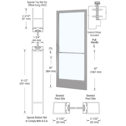 CRL-U.S. Aluminum CD21911L036105 Clear Anodized 250 Series Narrow Stile (RHR) HRSO Single 3'0 x 7'0 Offset Hung with Geared Hinged for OHCC 105 degree Closer Complete ADA Door(s) with Lock Indicator, Cyl Guard