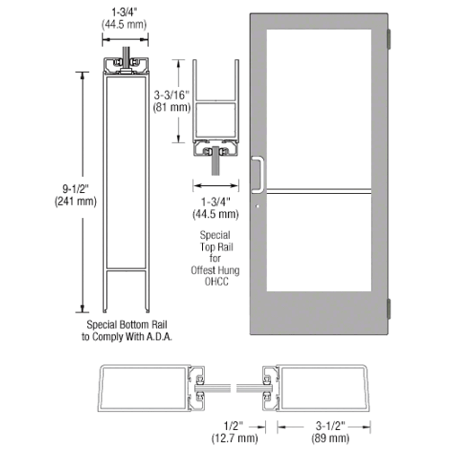 Clear Anodized Single 36" x 84" Series 400 Medium Stile Left Side Latch Butt Hinged Entrance Door for Overhead Concealed Door Closer