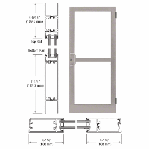 CRL-U.S. Aluminum 1Z41511 Clear Anodized Class 1 Custom Single Series 400T Thermal Medium Stile Butt Hinge Entrance Door With Panic for Surface Mount Door Closer