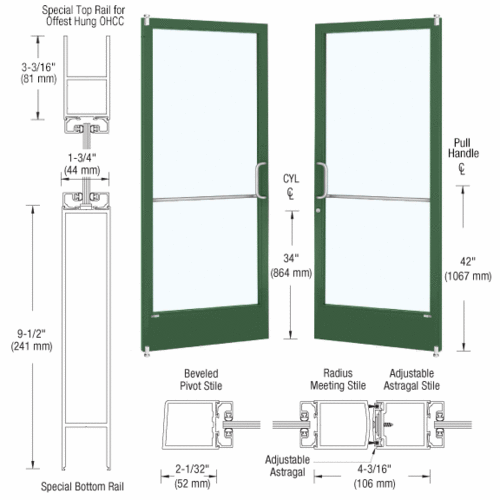 Custom Anodized Custom Size Pair Series 250 Narrow Stile Offset Pivot Entrance Doors for Overhead Concealed Door Closers