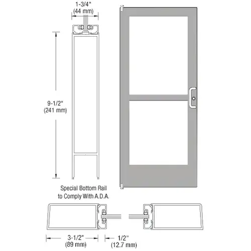 CRL-U.S. Aluminum 1CZ41211R036 Clear Anodized 400 Series Medium Stile Left Hand Reverse HLSO Single 3'0 x 7'0 Offset Hung with Pivots for Surface Mount Closer Complete Panic Door with Standard Panic and 9-1/2" Bottom Rail