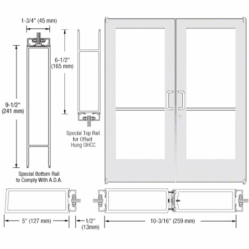 Bone White KYNAR Custom Pair Series 550 Wide Stile Offset Pivot Entrance Door for Overhead Concealed Door Closers