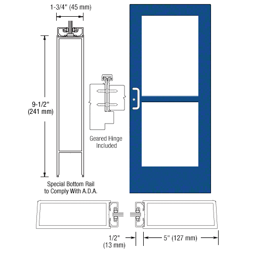 CRL-U.S. Aluminum CZ51871 Custom KYNAR Paint Custom Single Series 550 Wide Stile Geared Hinge Entrance Door With Panic for Surface Mount Door Closer