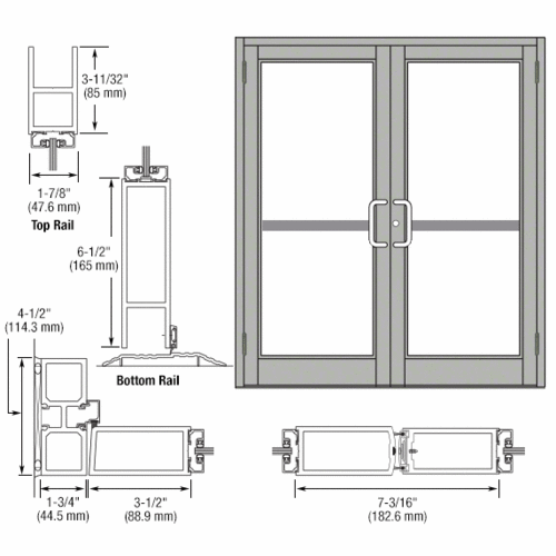 Clear Anodized Custom Pair Series 800 Durafront Medium Stile Butt Hinge Entrance Doors For Panics and Surface Mount Door Closers