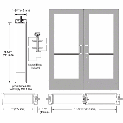 Clear Anodized Custom Pair Series 550 Wide Stile Geared Hinge Entrance Door for Surface Mount Door Closers