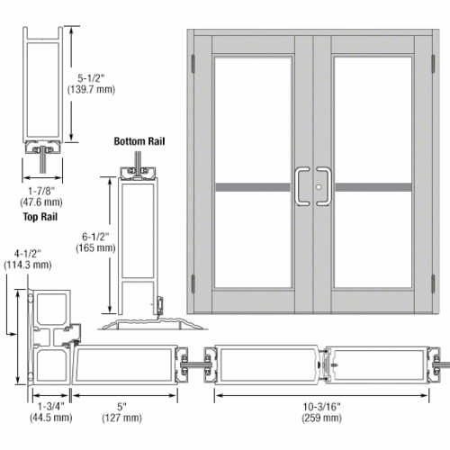 Clear Anodized Custom Pair Series 850 Durafront Wide Stile Butt Hinge Entrance Doors for Panics and Surface Mount Door Closers