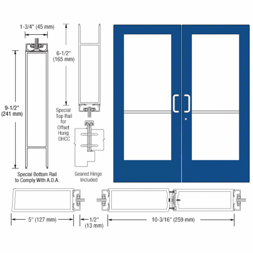 CRL-U.S. Aluminum CD52971 Custom KYNAR Paint Custom Pair Series 550 Wide Stile Geared Hinge Entrance Doors for Overhead Concealed Door Closers