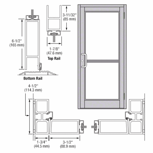 Clear Anodized Custom Single Series 800 Durafront Medium Stile Butt Hinge Entrance Door for Panic and Surface Mount Door Closer