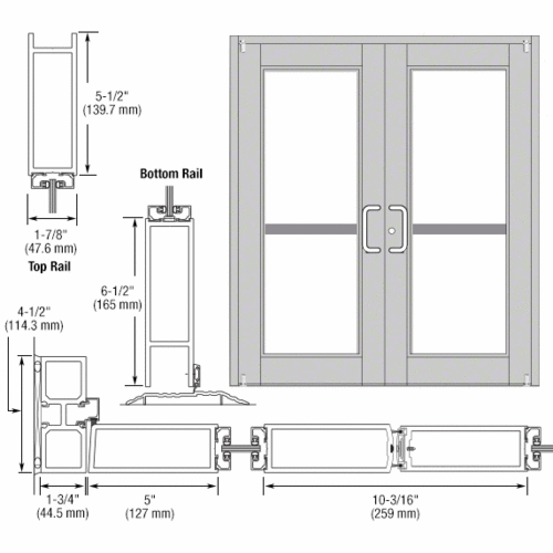 Clear Anodized Custom Pair Series 850 Durafront Wide Stile Offset Pivot Entrance Doors for Panics and Surface Mount Door Closers