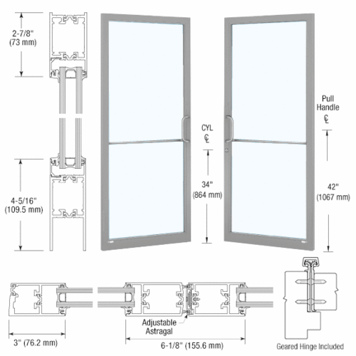CRL-U.S. Aluminum 1D22811 Clear Anodized Class 1 Custom Pair Series 250T Narrow Stile Geared Hinge Thermal Entrance Doors for Surface Mount Door Closers