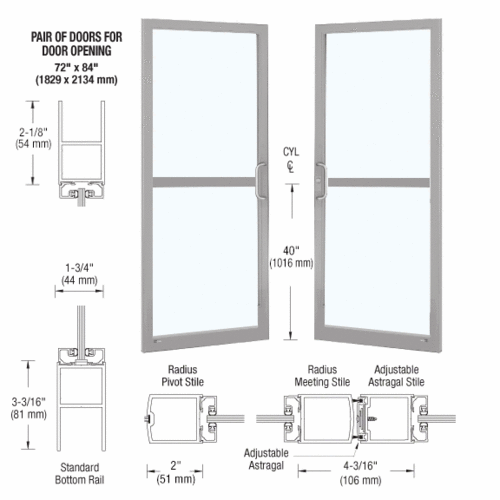 CRL-U.S. Aluminum DZ22711 Clear Anodized Custom Pair Series 250 Narrow Stile Center Pivot Entrance Doors for Panics and Overhead Concealed Door Closers
