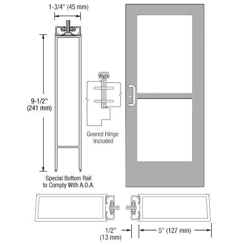Clear Anodized Custom Single Series 550 Wide Stile Geared Hinge Entrance Door With Panic for Surface Mount Door Closer