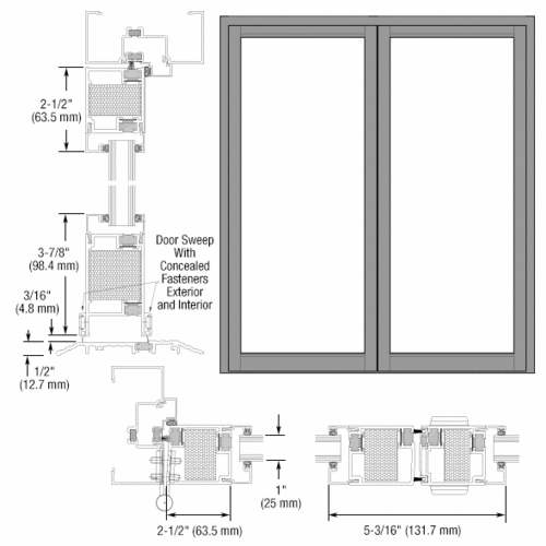 Clear Anodized Custom Blank Pair Series 650T Thermal Narrow Stile Offset Hung Entrance Doors - No Prep