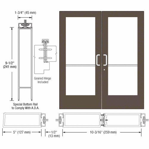 CRL-U.S. Aluminum CD52822 Bronze Black Anodized Custom Pair Series 550 Wide Stile Geared Hinge Entrance Door for Surface Mount Door Closers