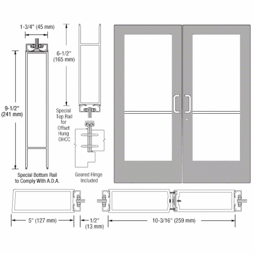 CRL-U.S. Aluminum CD52911 Clear Anodized Custom Pair Series 550 Wide Stile Geared Hinge Entrance Doors for Overhead Concealed Door Closers