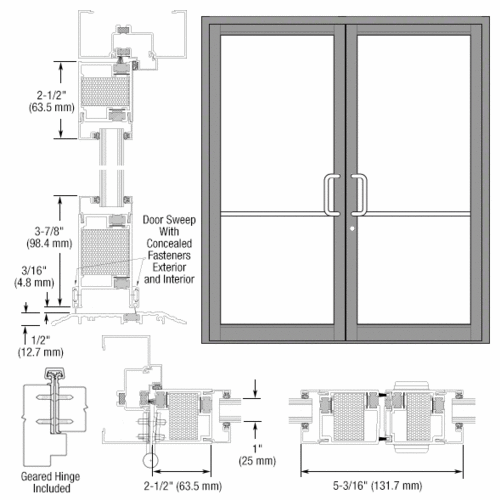Clear Anodized Custom Pair Series 650T Thermal Narrow Stile Geared Hinge Entrance Doors for Surface Mount Door Closers