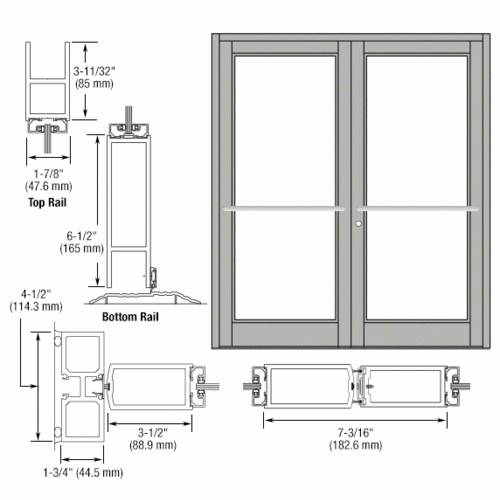 CRL-U.S. Aluminum DC82711 Clear Anodized Custom Pair Series 800 Durafront Medium Stile Center Pivot Entrance Doors for Overhead Concealed Door Closers