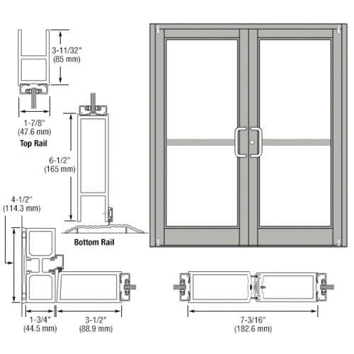 CRL-U.S. Aluminum DZ82211 Clear Anodized Custom Pair Series 800 Durafront Medium Stile Offset Pivot Entrance Doors For Panics and Surface Mount Door Closers