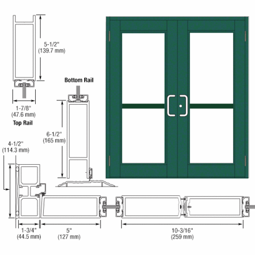 Custom Anodized Custom Pair Series 850 Durafront Wide Stile Butt Hinge Entrance Doors for Panics and Surface Mount Door Closers