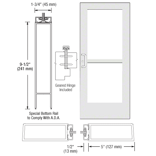 CRL-U.S. Aluminum CZ51852 White KYNAR Paint Custom Single Series 550 Wide Stile Geared Hinge Entrance Door With Panic for Surface Mount Door Closer