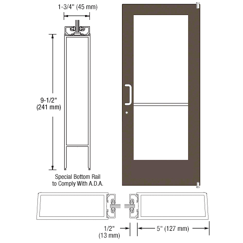 Bronze Black Anodized 550 Series Wide Stile (RHR) HRSO Single 3'0 x 7'0 Offset Hung with Pivots for Surf Mount Closer Complete Door Std. Lock and 9-1/2" Bottom Rail for 1" Glass with Standard MS Lock and Bottom Rail