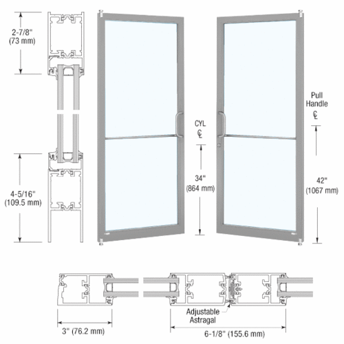 CRL-U.S. Aluminum 1D22211 Clear Anodized Class 1 Custom Pair Series 250T Narrow Stile Offset Pivot Thermal Entrance Doors for Surface Mount Door Closers
