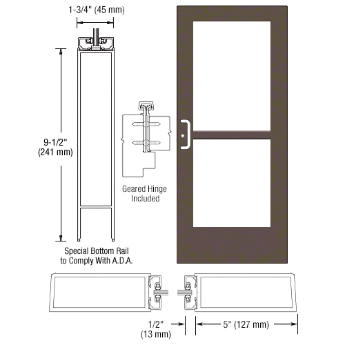 Bronze Black Anodized Custom Single Series 550 Wide Stile Geared Hinge Entrance Door With Panic for Surface Mount Door Closer