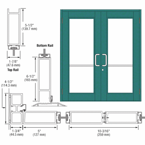 Custom Anodized Custom Pair Series 850 Durafront Wide Stile Butt Hinged Entrance Doors for Surface Mount Door Closers