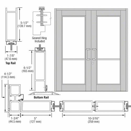 CRL-U.S. Aluminum DC92811 Clear Anodized Custom Series 850 Durafront Wide Stile Geared Hinge Entrance Doors for Surface Mount Door Closers